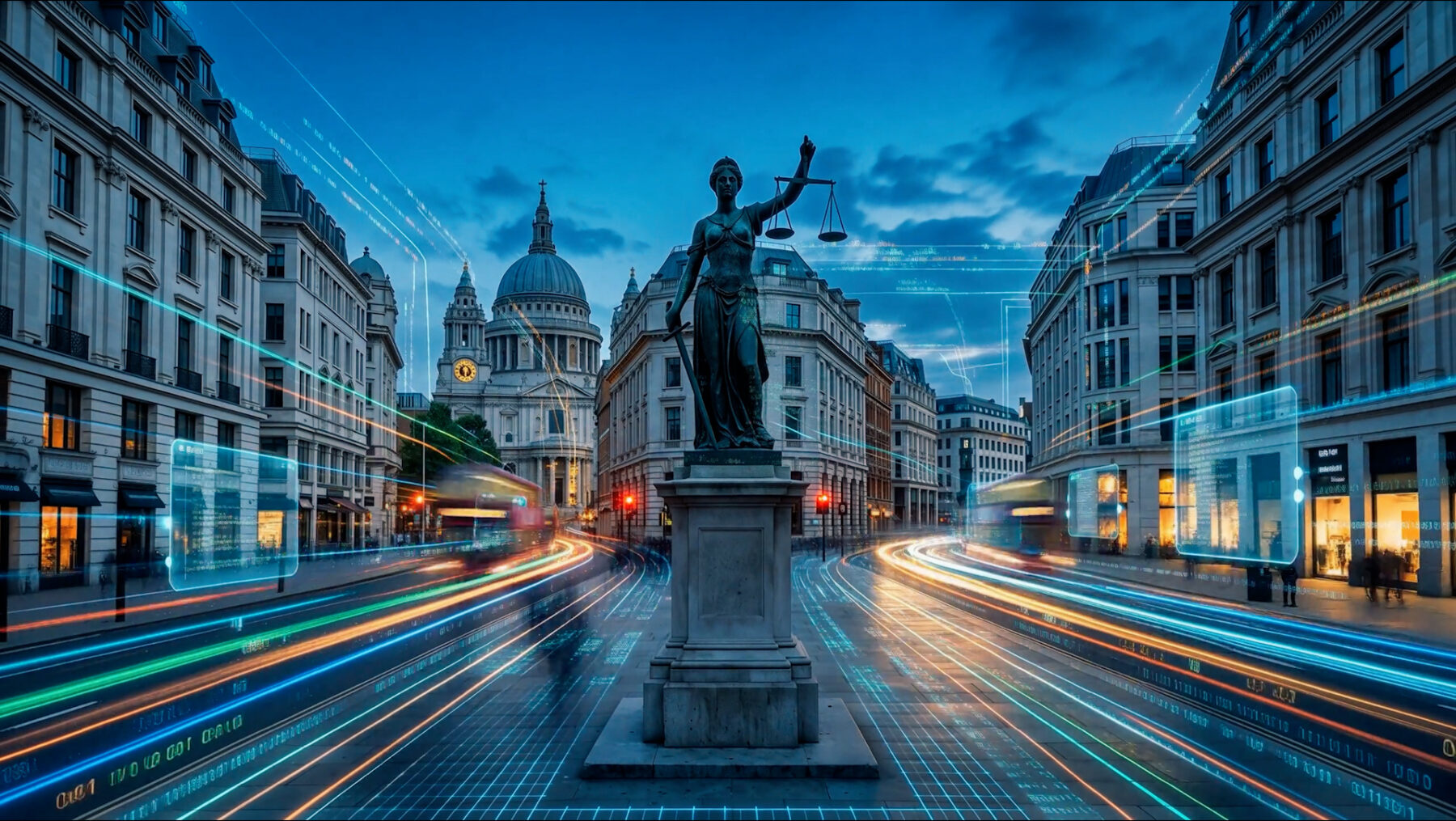 Lady Justice statue in a city street surrounded by glowing digital interfaces and light trails, from the A-Resolve AI explainer.