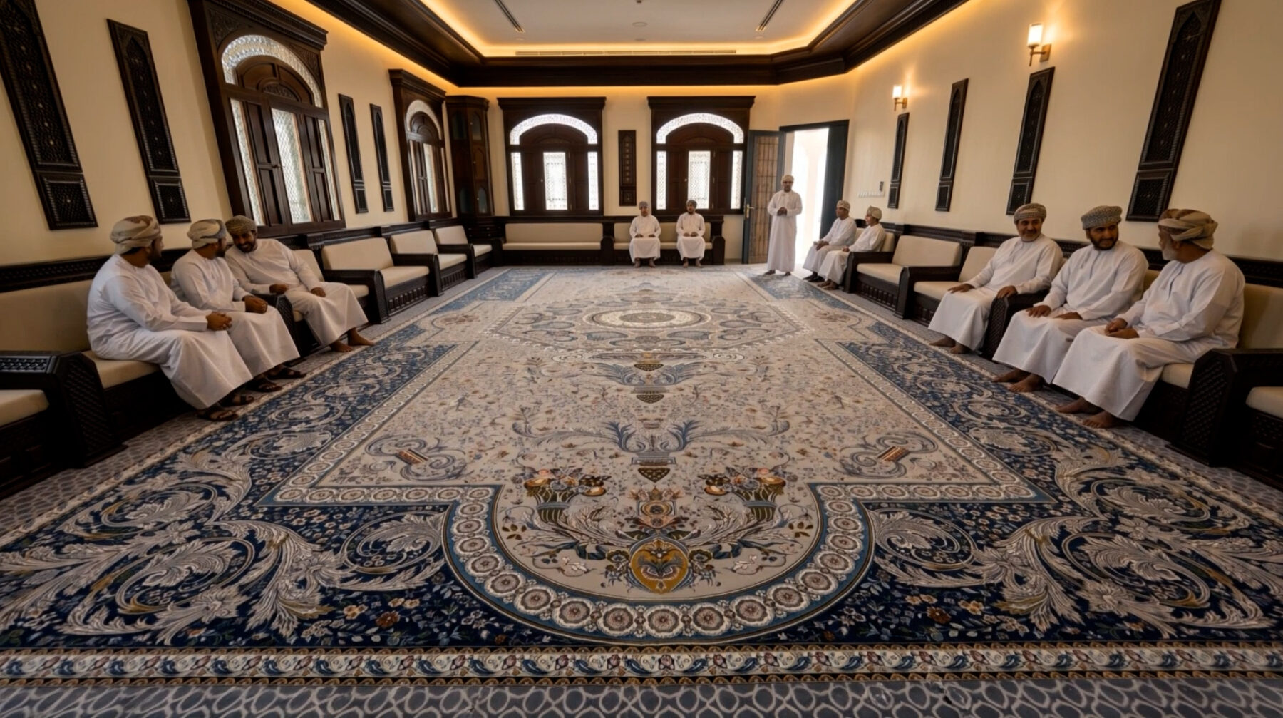 A patterned carpet presented in an ornate interior for the Aladdin & Eslimi AI brand film.