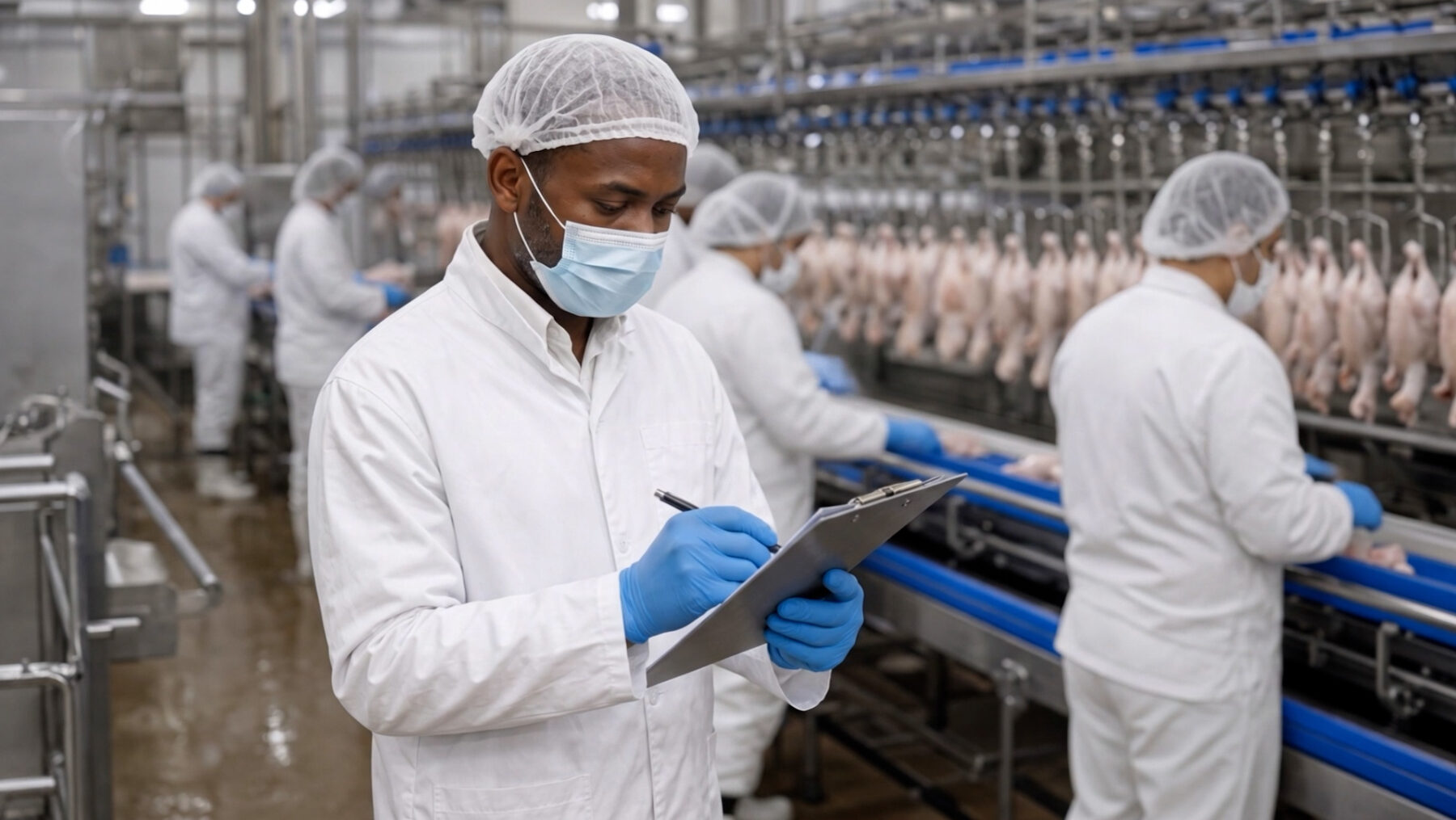 AI-generated food quality-control specialist with a tablet beside a processing line, created from real visual references.